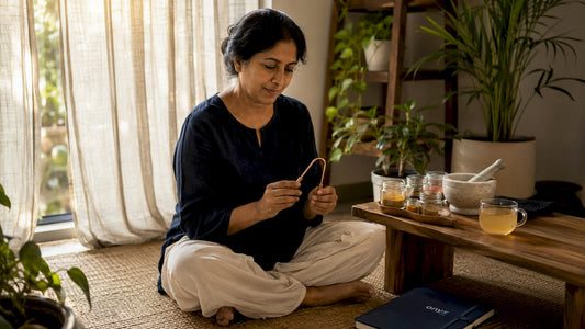 Woman practicing Ayurvedic morning wellness