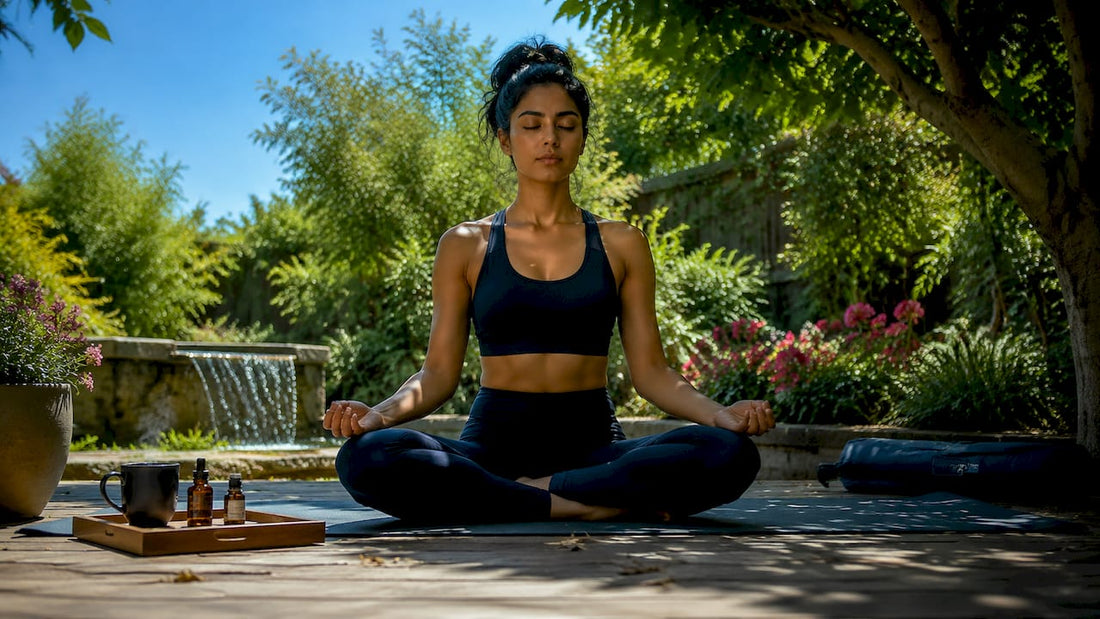 Woman meditating in sunlit living room