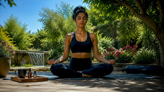 Woman meditating in sunlit living room