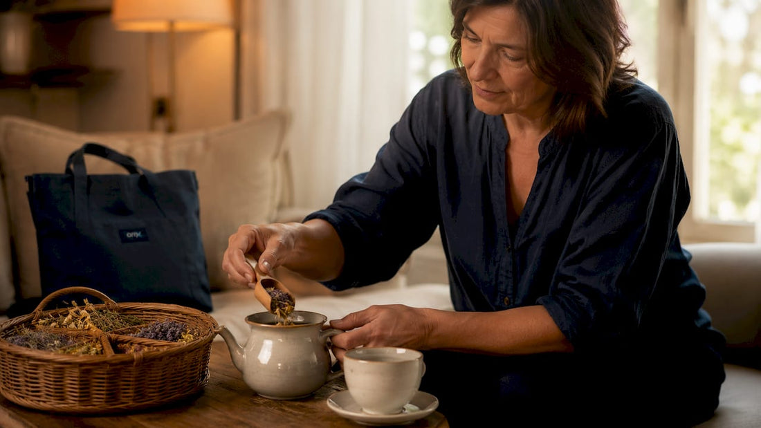 Woman preparing herbal tea in kitchen