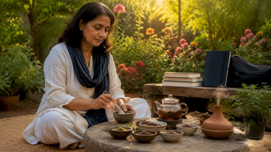 Woman preparing Ayurvedic herbal tea at home