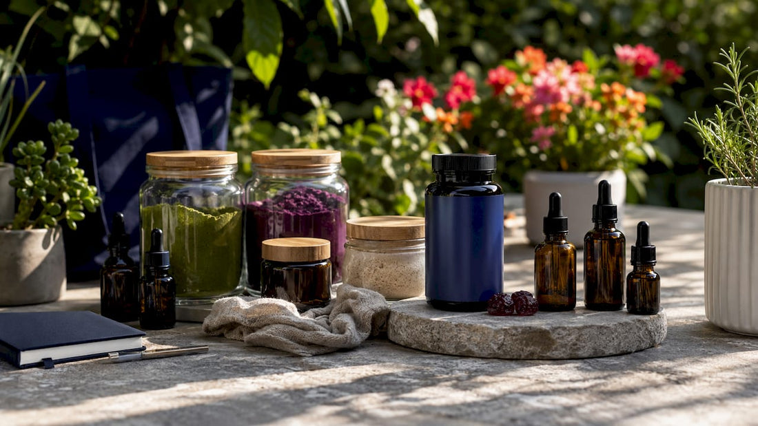 Natural wellness products on rustic kitchen table
