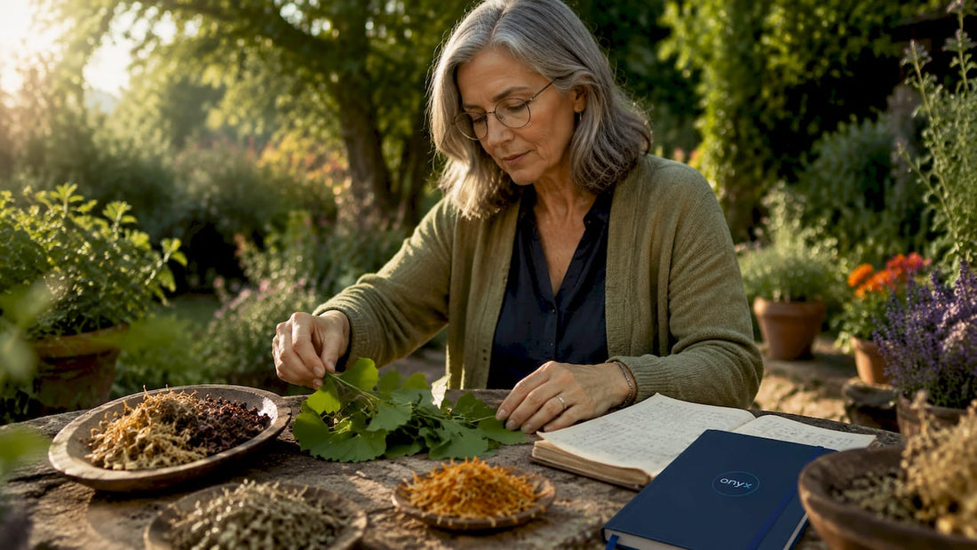 Herbalist arranging medicinal herbs indoors