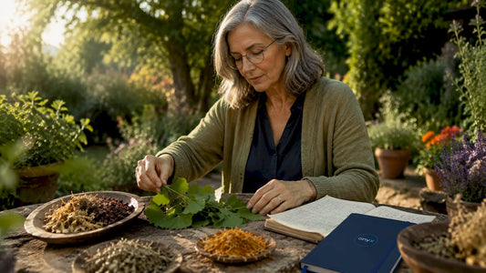 Herbalist arranging medicinal herbs indoors