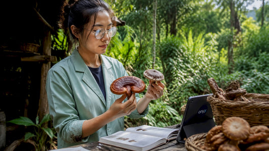 Woman botanist examining functional mushrooms