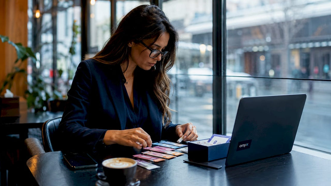 Woman organizing oral dissolvable supplement strips at café table