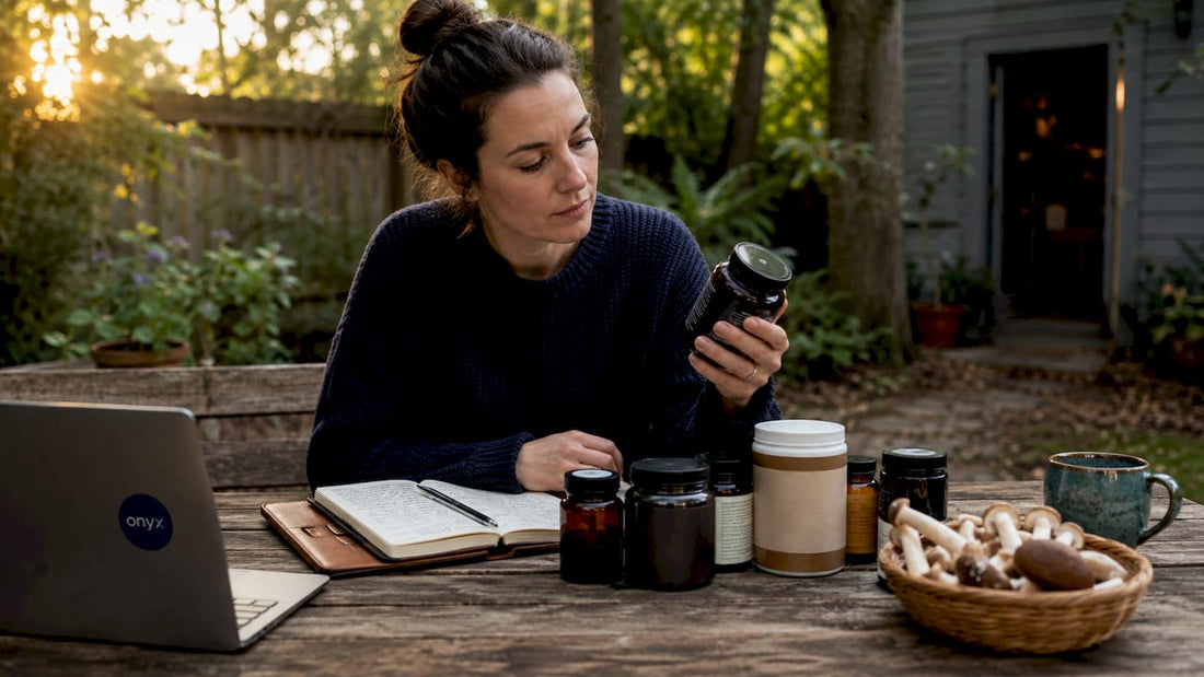 Person reviewing natural mushroom supplements at kitchen table