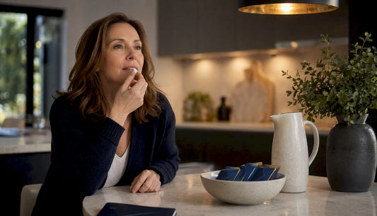 Woman placing wellness strip on tongue at kitchen table