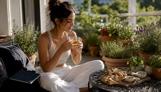Woman holding cup of adaptogen herbal tea
