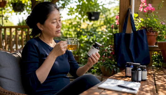 Woman reading supplement label at home