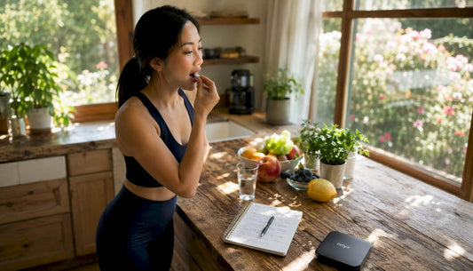 Woman using beauty supplement strip at vanity