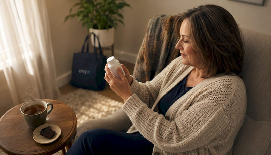 Woman reviewing bone health supplements at kitchen table