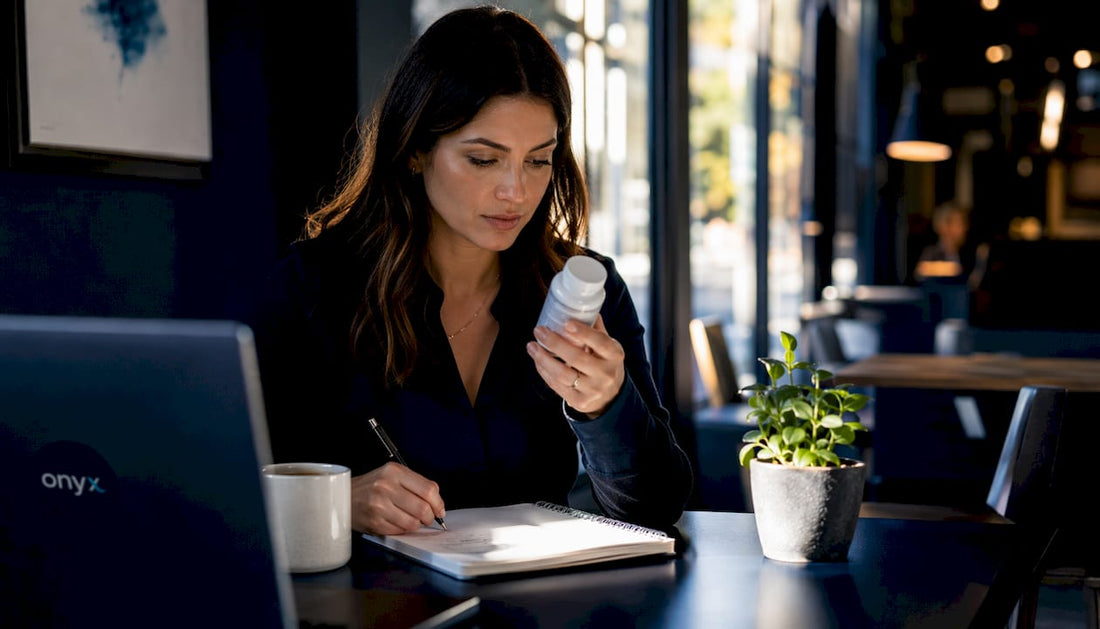Wellness consultant reviewing caffeine pills in home office