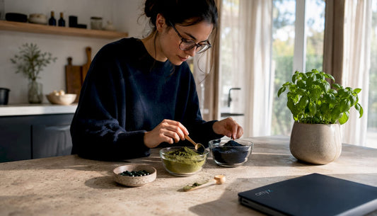 Woman comparing spirulina and chlorella powders at kitchen counter
