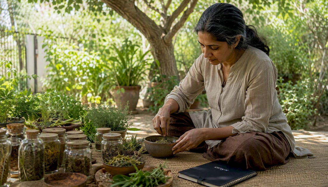 Woman preparing Ayurvedic herbs at home