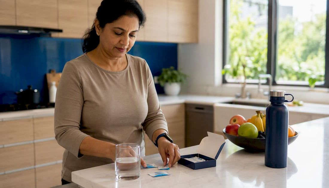 Woman preparing to take dissolvable supplement strip