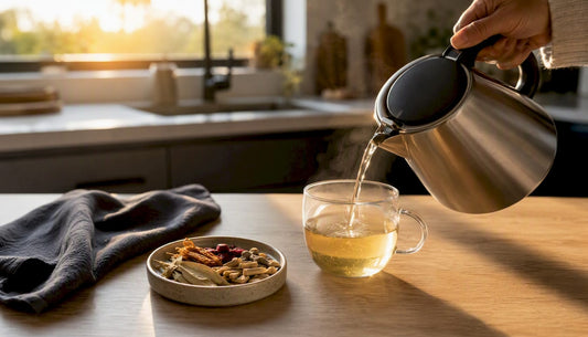 Hand pouring herbal adaptogen tea