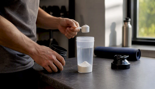 Hands scooping creatine powder into shaker