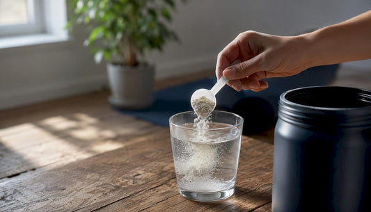 Hand mixing pre-workout powder in glass
