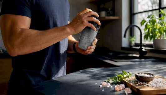 Hands mixing creatine electrolyte supplement drink