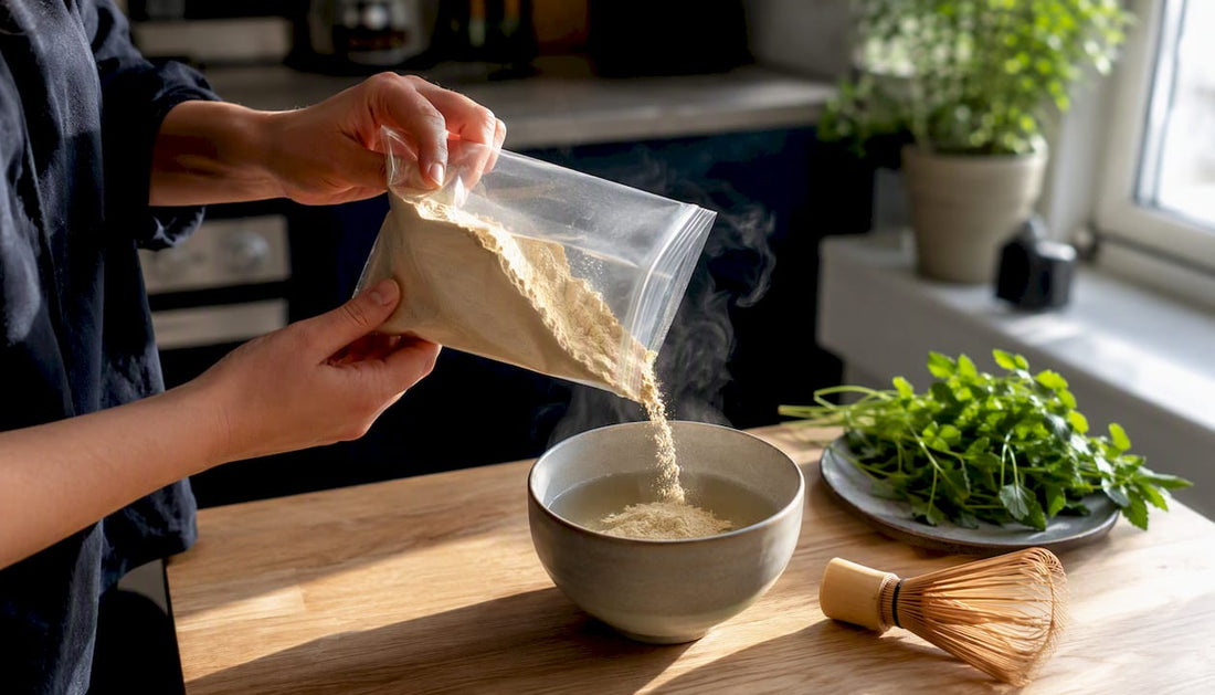 Hands preparing lion's mane mushroom supplement drink