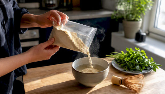 Hands preparing lion's mane mushroom supplement drink