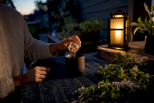 Hand pouring sleep supplement powder by bedside lamp