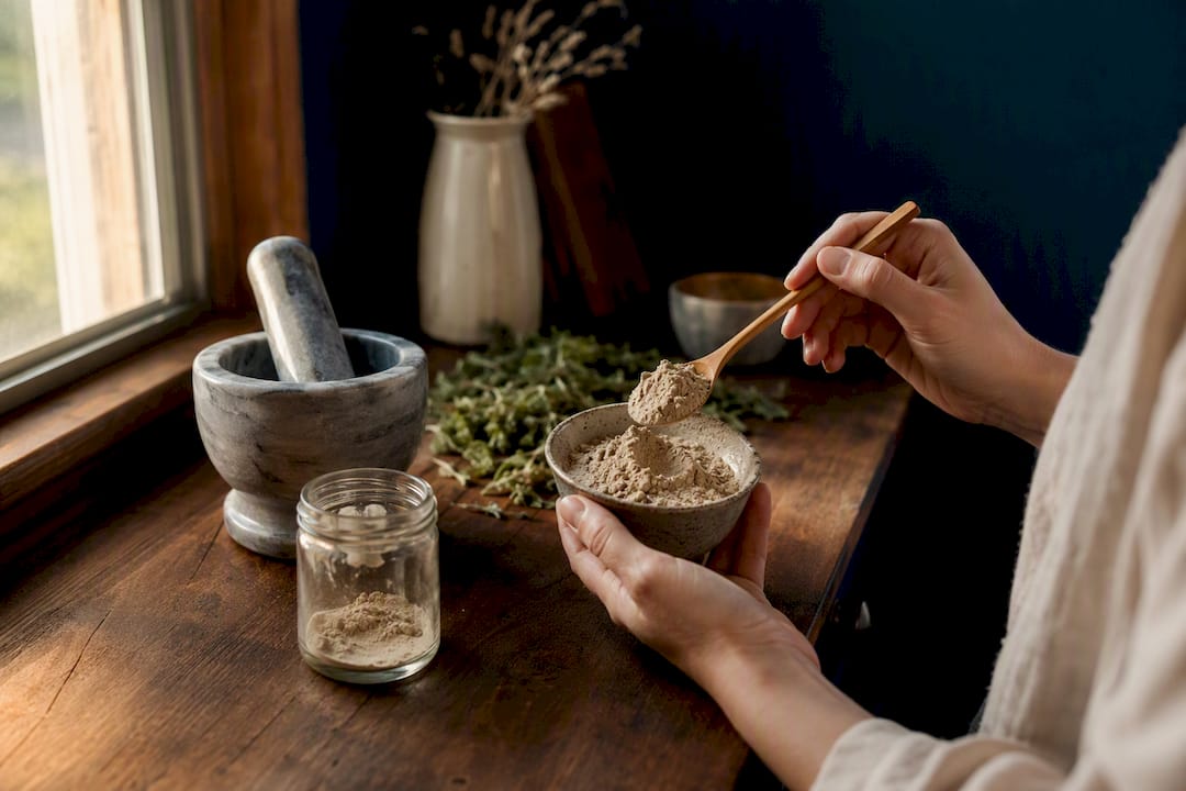 Close-up of ashwagandha powder and spoon