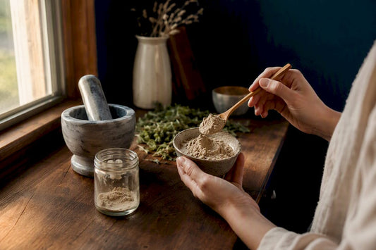 Close-up of ashwagandha powder and spoon