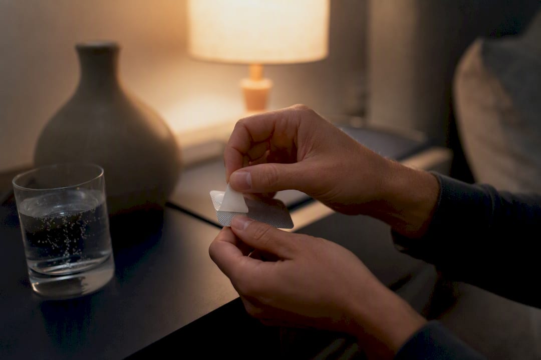 Hand peeling magnesium glycinate strip at nightstand