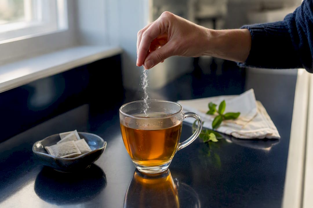 Hand pouring sugar-free sweetener into iced tea