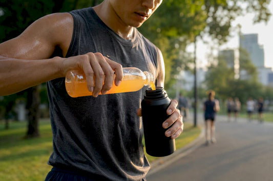 Athlete pouring electrolyte drink into bottle