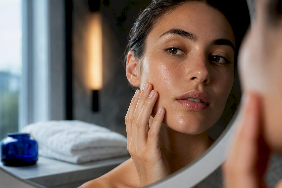Adult touching hydrated facial skin in bathroom
