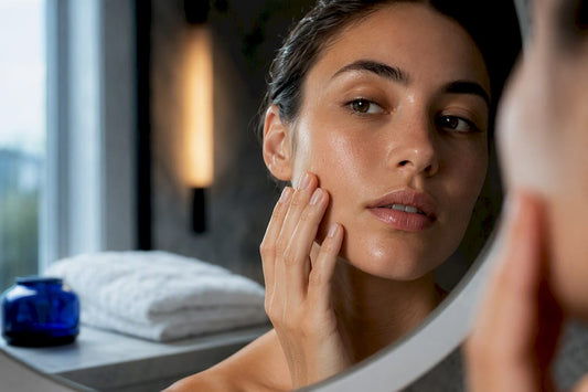 Adult touching hydrated facial skin in bathroom