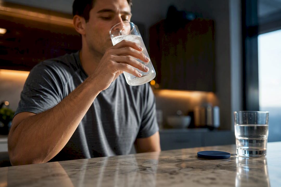 Adult sipping electrolyte drink during recovery