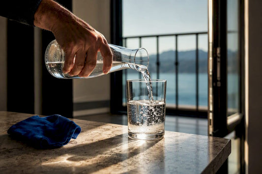 Glass of water in morning sunlight