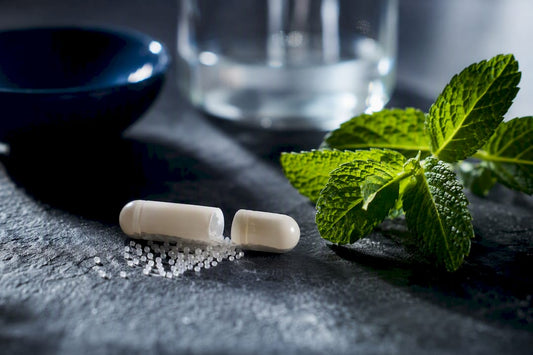 Enteric-coated peppermint capsule beside fresh leaves