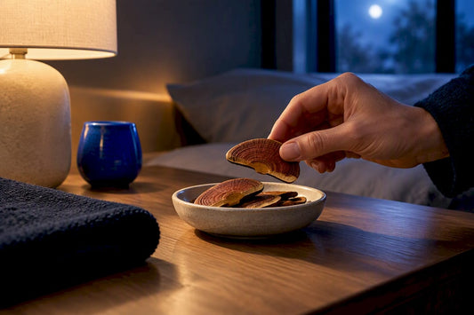 Dried reishi slices beside evening bedside setting