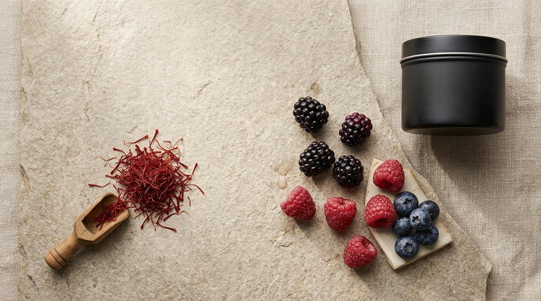 Saffron threads, mixed berries, and a small matte black supplement tin on a warm stone surface