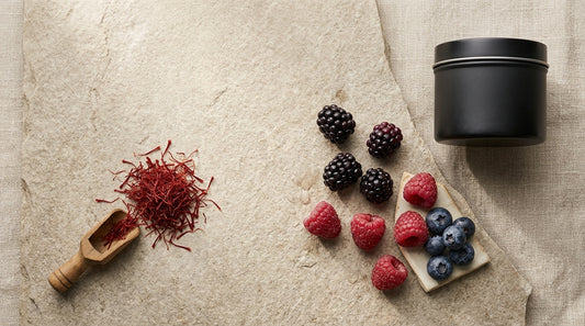 Saffron threads, mixed berries, and a small matte black supplement tin on a warm stone surface