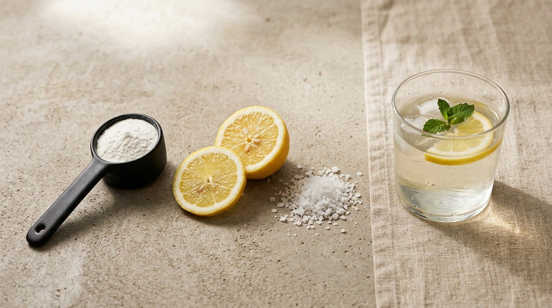 A scoop of creatine powder, lemon halves, sea salt, and a glass of lemon water on a warm concrete surface