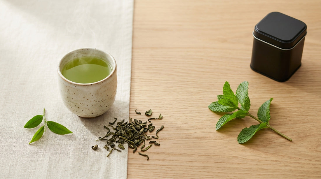 A steaming handleless ceramic cup of green tea with loose tea leaves, a fresh green tea sprig, a mint sprig, and a small matte black supplement tin on a warm oak surface