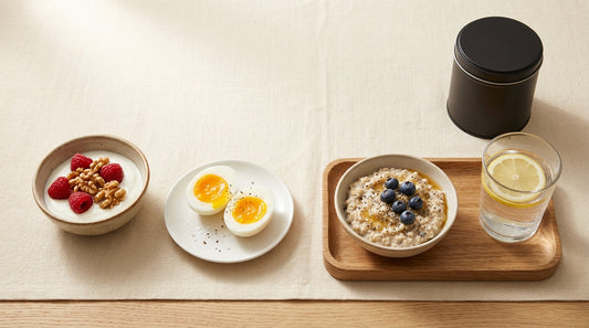 A balanced breakfast spread of Greek yogurt with raspberries and walnuts, soft-boiled eggs, oatmeal with blueberries, and a glass of lemon water on warm linen