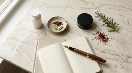 Editorial flat-lay of supplement bottles, capsules, a small matte black tin, saffron threads, rosemary, and a notebook with a fountain pen on a marble counter