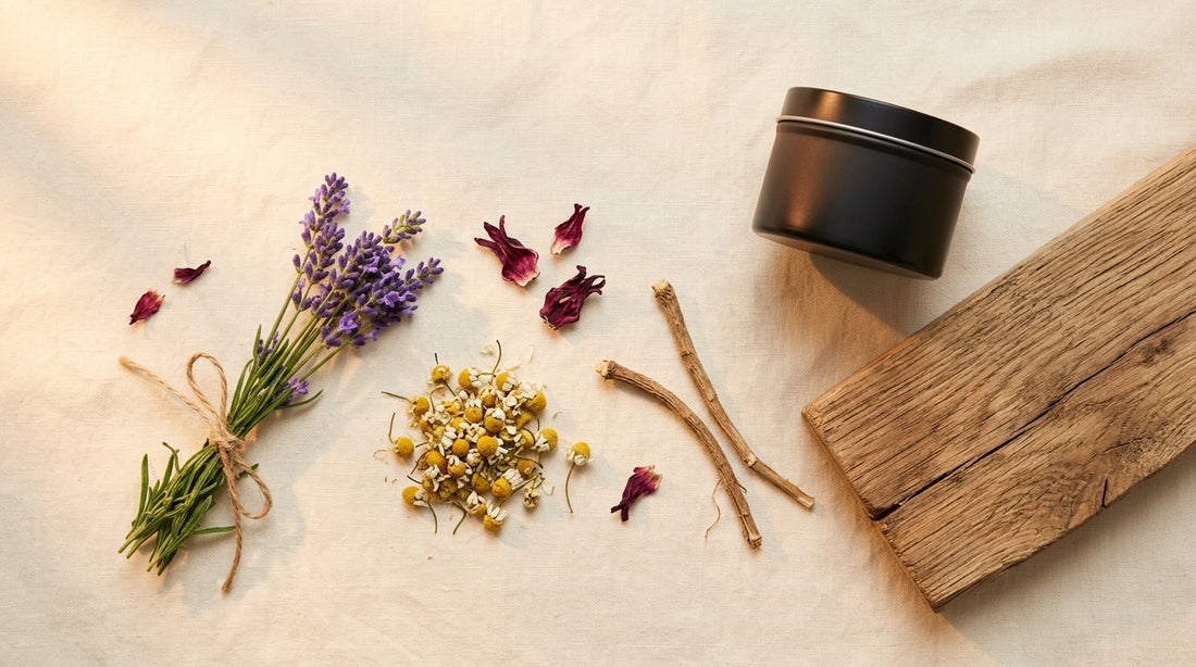 Lavender sprigs, chamomile flowers, hibiscus petals, valerian root, and a small matte black tin on warm cream linen